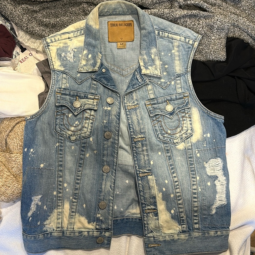 True Religion Vest Blue Bleached Denim Trucker Distressed Danny